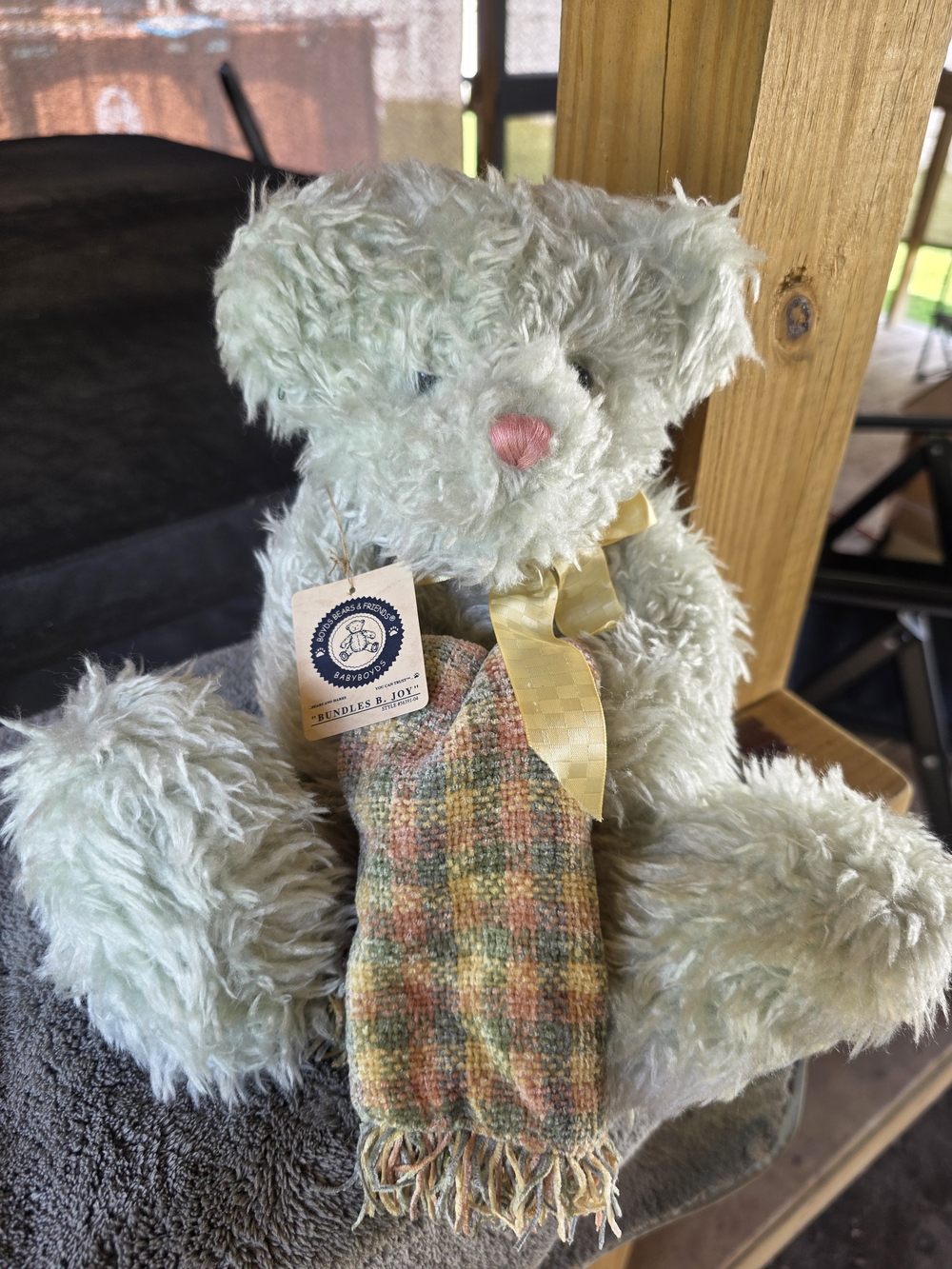 Boyds Plush Teddy Bear with Pastel Green Fur and Plaid Scarf